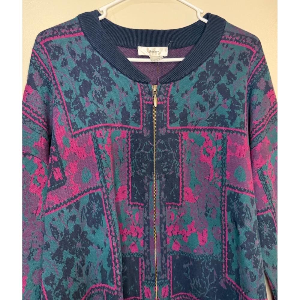 CJ Banks Floral Patchwork Knit Sweater Zip Front Teal Purple‎ Retro Cottagecore - Picture 8 of 10